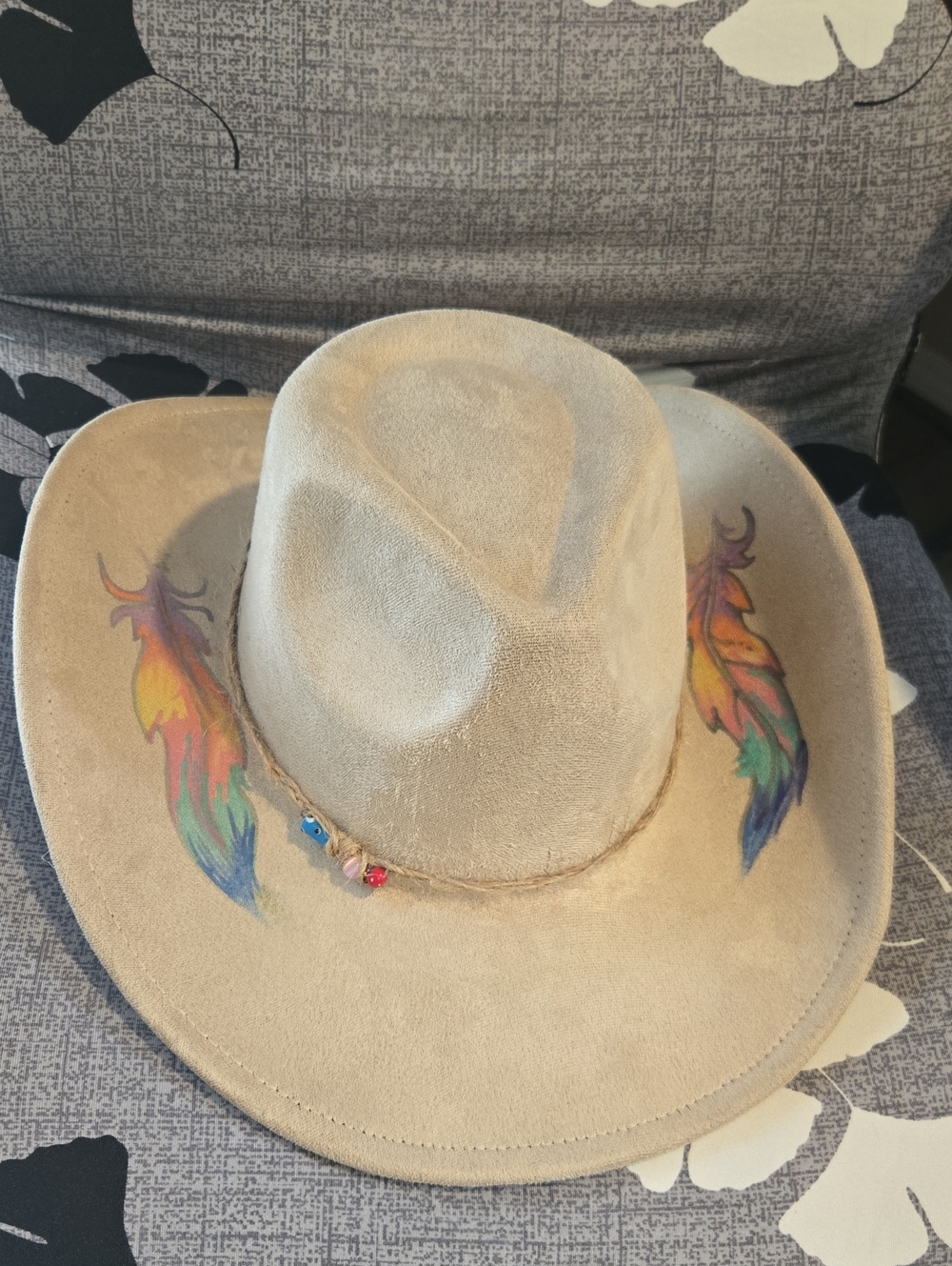 Beige Suede Cowboy Hat with Colorful Feather Artwork